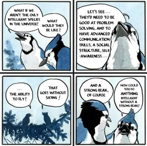 This comic humorously illustrates how species-centered perspectives shape ideas about intelligence. The birds speculate about intelligent life in the universe but assume key traits—like flight and a strong beak—are essential, revealing their bias. This mirrors how humans often define intelligence based on our own abilities, such as tool use or verbal communication.