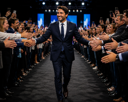 A man handshaking the public in a walk